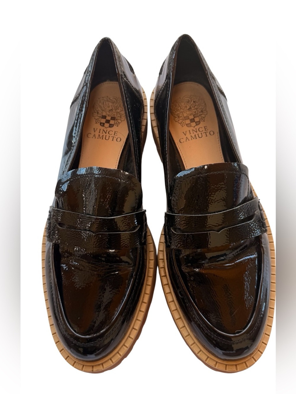 Women’s Vince Camuto Black Patent Leather Penny Loafers with Tan Sole
